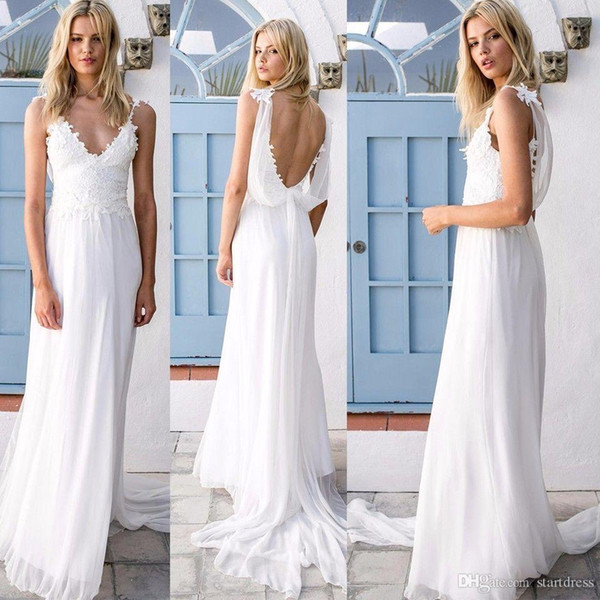 Beach Spaghetti Strap Lace Wedding Dresses Sexy Deep V Neck Chiffon Bridal Gowns