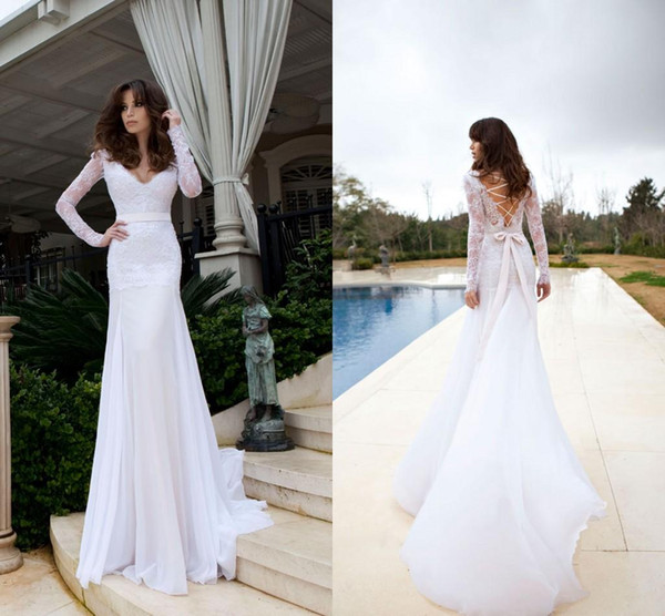 2016 Julie Vino Long Sleeves Sheath Wedding Dresses V Neck Ribbon Sash Backless Beach Summer Chiffon Bride Bridal Gowns Vestido De Noiva
