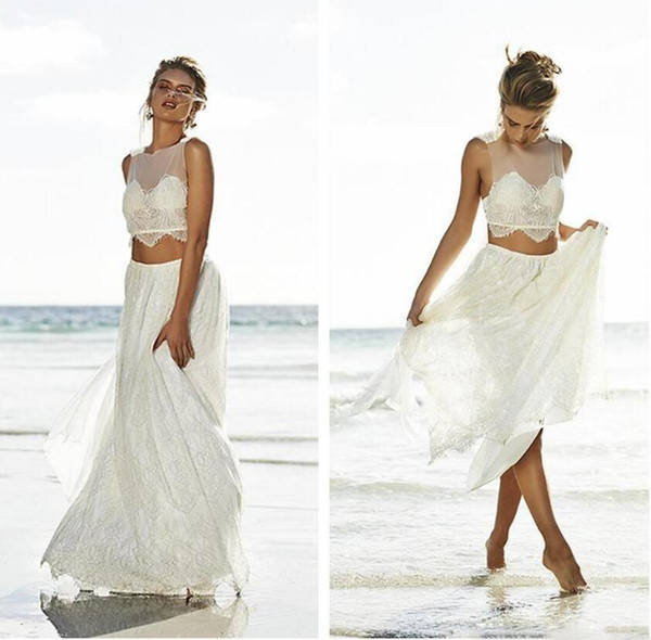 Sexy Two Pieces Beach Backless Wedding Dresses Cross Back A-Line Sheer Jewel Neckline Lace Bridal Gown