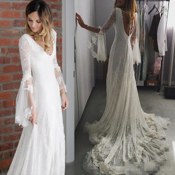Romantic Bohemian Wedding Dresses Full Lace Deep V Neck Long Sleeve Backless Chapel Train greek goddess Mermaid Wedding Dress Novia
