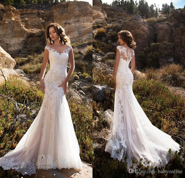 Rustic Sheer Neck Cap Sleeves Appliqued Lace Wedding Dresses Mermaid Court Train Boho Bridal Gowns