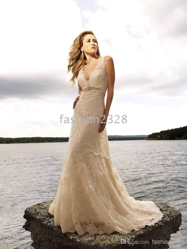 2010 Sexy ivory V-Neck Chiffon Column Beach wedding dress/romantic wedding gown