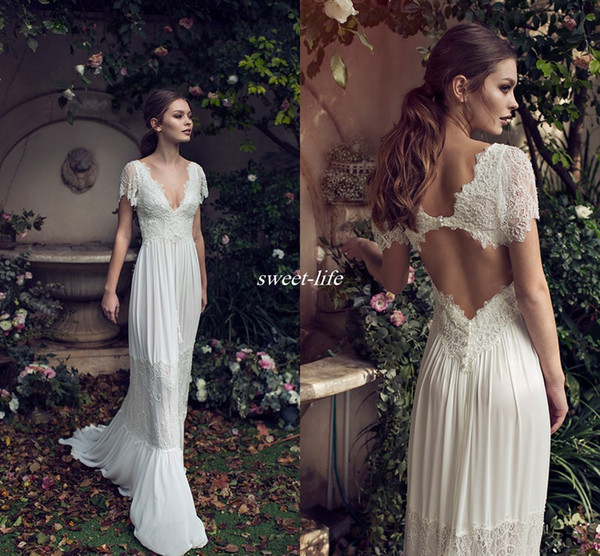 Vintage Sheath Wedding Dresses Lihi Hod Lace Bohemian Deep V neck Backless Boho Bridal Gowns 2016 Floor Length Applique Short Sleeves Custom