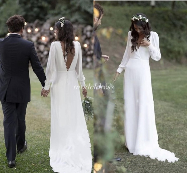 Bohemian White Wedding Dresses V Neck Backless Sweep Train Chiffon Beach Garden Country Bridal Gowns vestido de novia Plus Size Cheap