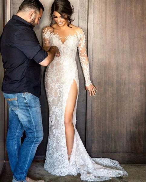 Sexy Illusion Appliques Lace Mermaid Wedding Dresses Long Sleeve Scoop Detachable Train Bride Dress Custom Vestido De Noive