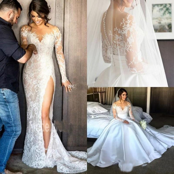Plus Size Lace Mermaid Wedding Dresses With Detachable Skirt Sheer Neck Long Sleeves Sheath High Slit Overskirts Bridal Gowns African