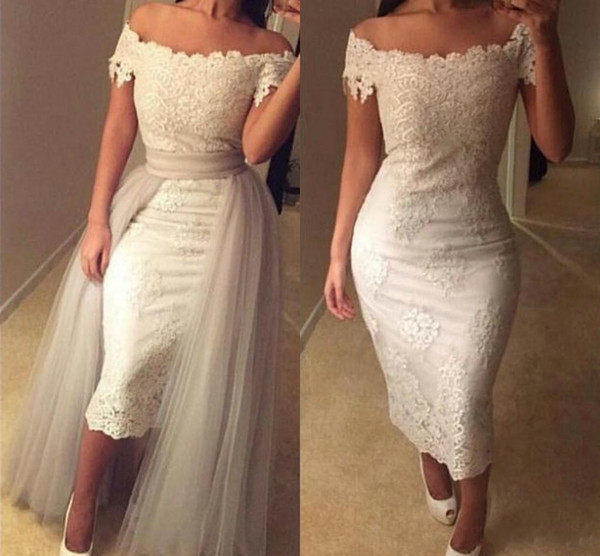 Off-shoulder Lace Tea-Length Wedding Dresses Appliques Sheath Bodycon Bridal Dresses with Silver Overskirts Ruffles Vintage Wedding Gowns