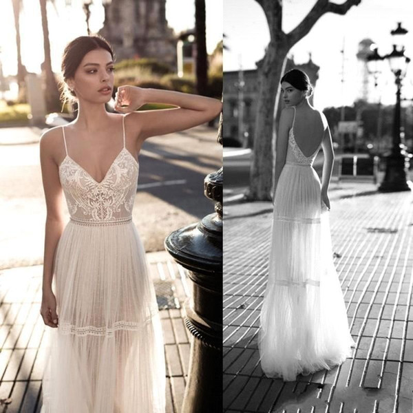 Gali Karten Cheap Sheath Bohemian Lace Wedding Dresses Spaghetti Straps Chiffon Backless Sweep Train Boho Wedding Bridal Gowns ba7057