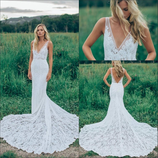 2016 Cheap Summer Beach Sheath Wedding Dresses Bohemian Full Lace V Neck Illusion Court Train Backless Formal Mermaid Plus Size Bridal Gowns