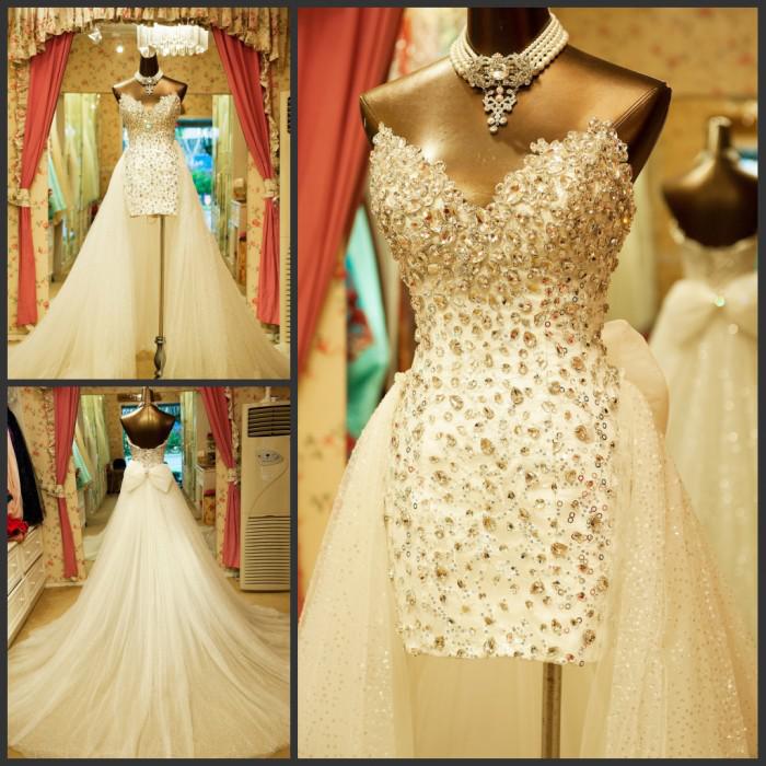 Luxury sweetheart High-Low wedding dresses beaded sleeveless column tulle sweep train lace-up bow bridal dresses wedding gowns
