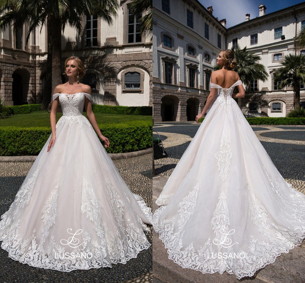 Spring Vintage Lussano Wedding Dresses Lace Off Shoulders Appliqued A Line Lace Wedding Bridal Gowns with Corset Back Robe de marriage