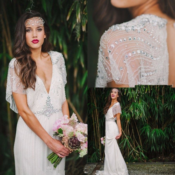 Sexy Bohemian V-neck Crystals Beadings 2017 White Ivory Open Back Wedding Dresses Beach Country Vintage Plus Size Bridal Gowns Custom Size