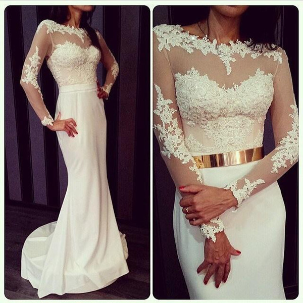 2015 Sheath Wedding Dresses Bridal Gowns Sheer Crew Long Sleeve Evening Lace Applique Floor Length Long Formal