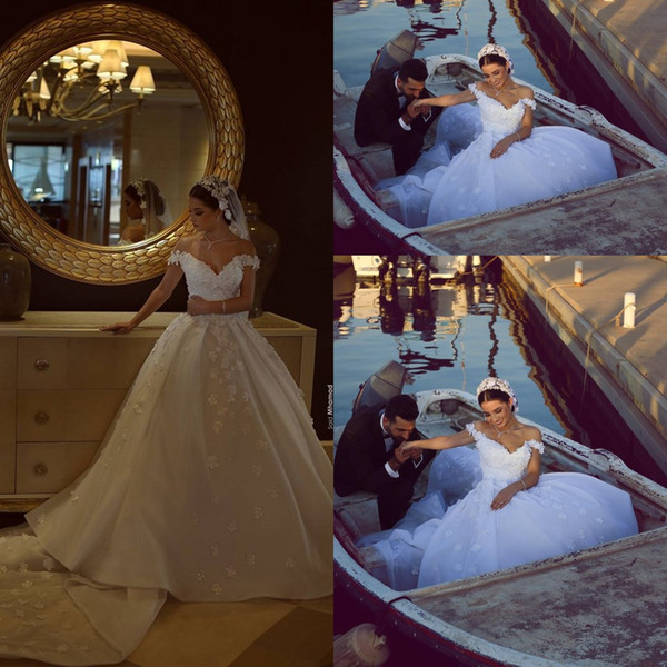Romantic Off Shoulder Wedding Dresses 2017 Appliques Sweep Train Said Mhamad Bridal Gowns Luxury Wedding Vestidos Custom Made