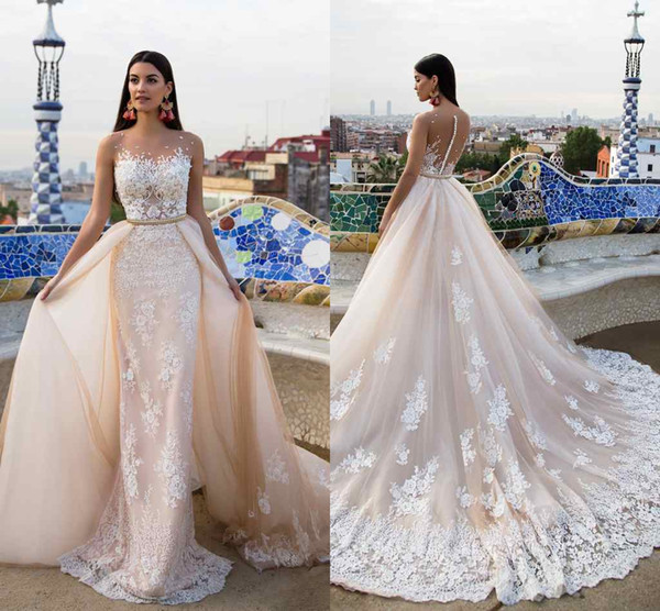 Milla Nova Bridal Sheath Wedding Dresses Sheer Neck Tiered Skirts Ruffled Boho Vintage Garden Beach Bridal Gowns