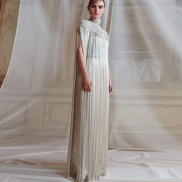 Ashi Studio Fall Winter Bridal Hanging Sleeves High Neck Heavily Embellished Bodice Elegant Grecian Column Wedding Dress Sweep Train