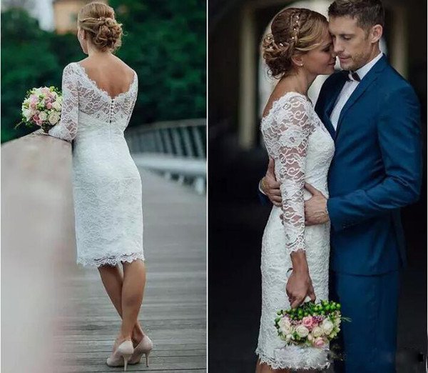 Vintage Sheath Lace Knee Length Wedding Dresses Robe de Mariée Sheer Neck V Back Lace Illusion 3/4 Long Sleeve Bridal Wedding Gowns