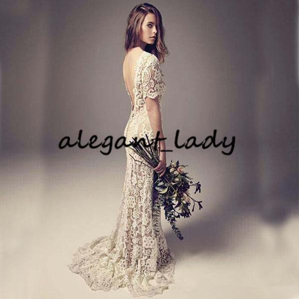 Vintage Wedding Dresses Sheath Column Backless Full Lace Boho country Bridal Gowns with Illusion Short Sleeves Sweep Train