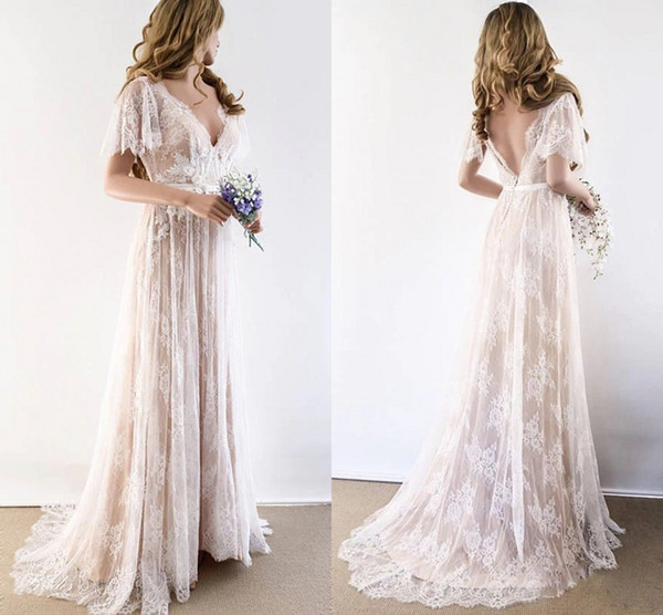 Champagne Country Bohemian Wedding Dresses V neck Short Sleeves Lace Backless Cheap Wedding Bridal Gowns Plus size New