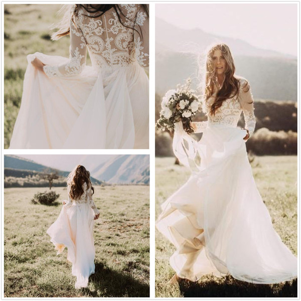 Elegant Long Sleeves Lace Country Outdoor Wedding Dresses Chiffon Court Train Bohemian Wedding Bridal Dresses