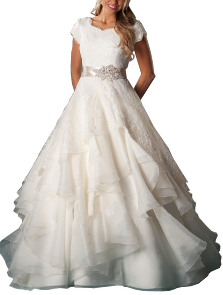Setwell A-line Wedding Dress Short Sleeves Ruffled Tiered Lace Organza Floor Length Long Train Bridal Gown With Beaded Sash