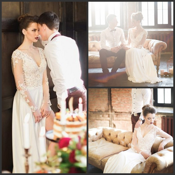 Charming New Designer Long Sleeve Wedding Gowns 2015 Sexy Lace Open Back Floor Length Split Side Bridal Dresses Hot Sale