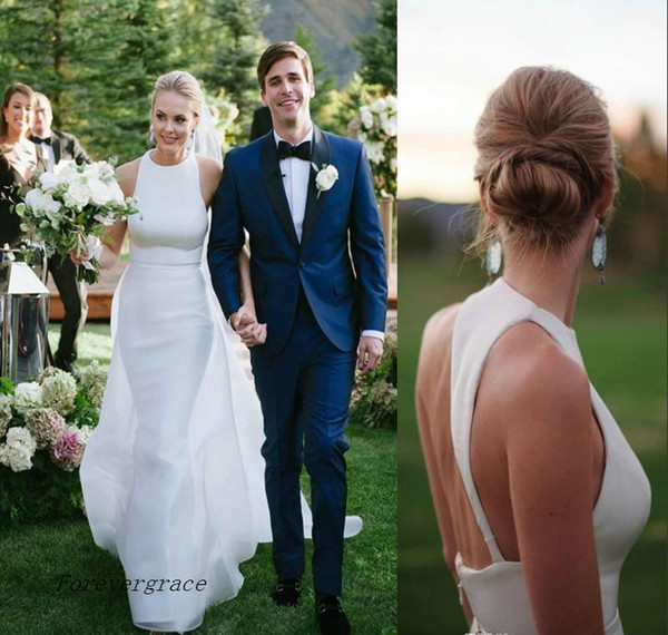 2017 Plain Simple Satin Backless Summer Wedding Dress Modern Sheath Halter Neck Long Western Garden Beach Bridal Gown Custom Made Plus Size