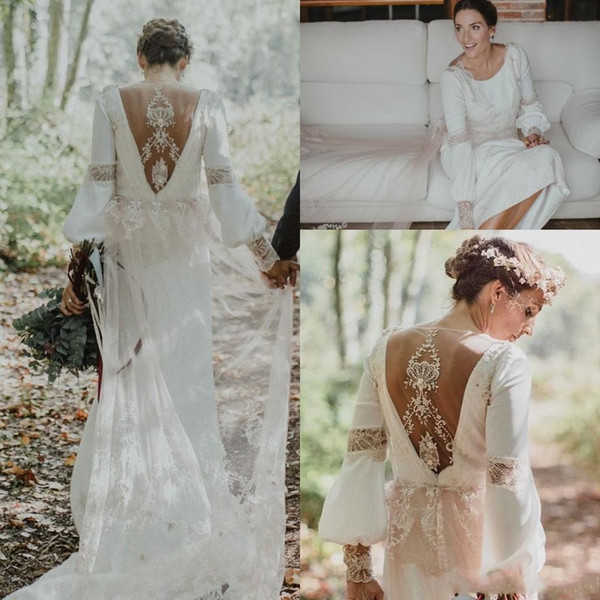 Elegant Boho Loose Long Sleeve Wedding Dresses Jewel Neck Amazing Lace hollow Back Country Bohemian Bridal Wedding Gown