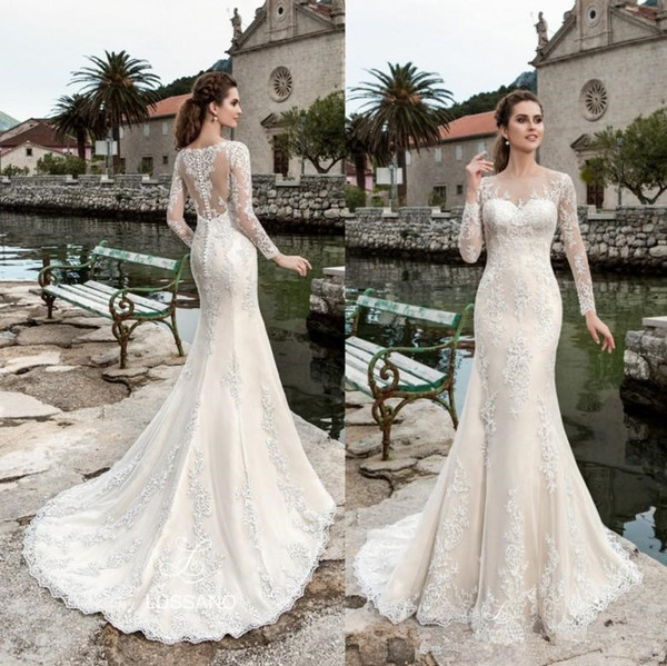 fashion ivory lace mermaid wedding dresses sheer neck hollow back wedding gowns long sleeves sweep train plus size bridal dresses
