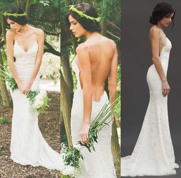 Sexy Backless Summer Beach Boho Wedding Dresses Katie May Lace Spaghetti Straps Bride Dress Sheath Garden Holiday Bohemian Bridal Gowns