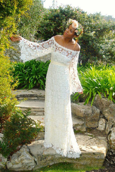 2017 Ivory Full Lace Sheath Wedding Dresses Long Sleeves Off Shoulder Sexy Plus Size Bohemian Romantic Garden Bridal Gowns 1980s