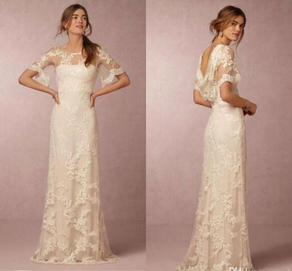 Lace Wedding Dresses with Sleeves Bridal Gowns Cheap New Arrival Cowl Back Illusion Sheaht A Line Beach Wedding Gowns BA9881