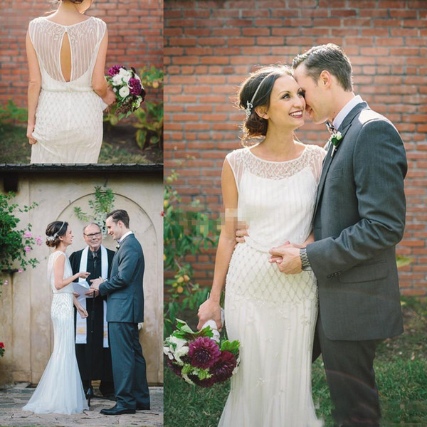 Elegant Sheath Wedding Dresses Sequin Beading Pearls Jewel Neck Garden Boho Beach Wedding Bridal Gowns With Floor Length