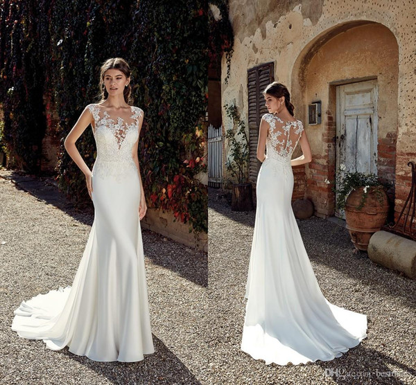 Simple Mermaid Wedding Dresses Sheer Neck Lace Appliqued Court Train Beach Bridal Gowns Vestidos De Noiva