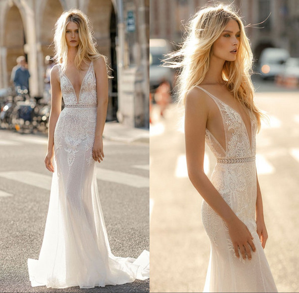 New Summer Sheath Wedding Dresses Beach Deep V Neck Mermaid Bridal Gowns Appliques robe de mariee BC0935