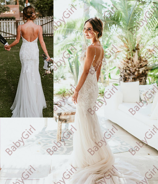 Spaghetti lace dress backless tulle and lace Illusion Bodice beach Sheath Wedding Dresses with sweep train
