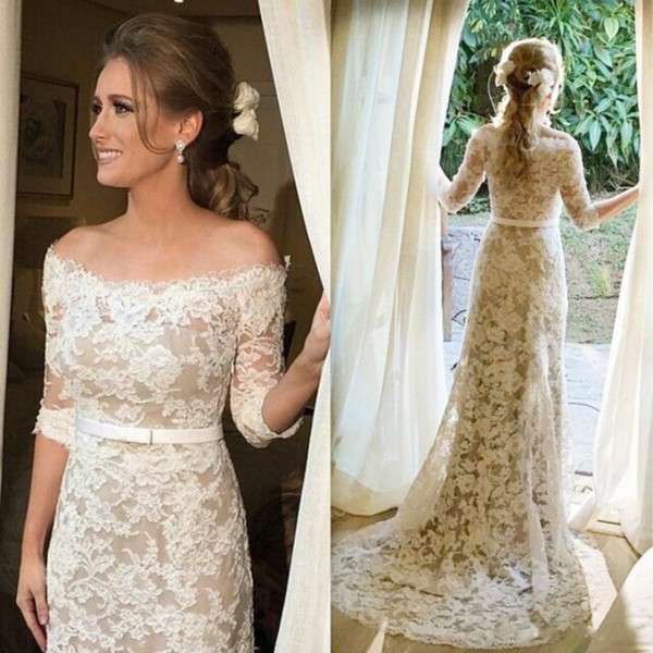 Champagne Full Lace Wedding Dresses with Half Sleeves Off Shoulder A Line 2017 Custom Made Garden Outdoor Bridal Gowns Cheap