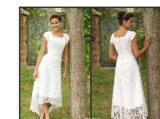 White Tea Length High Low Lace 2015 Wedding Dresses U Neck Cap Sleeves Modest Wedding Gowns Elegant Pleats Custom Made Beach Bridal Gowns