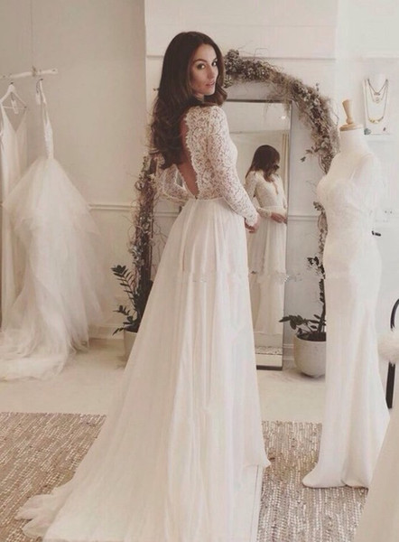 Designer White Wedding Dresses With Lace Long Sleeve Sheath Chiffon Beach Wedding Dress Backless Bridal Gowns Sweep Train Brautkleider