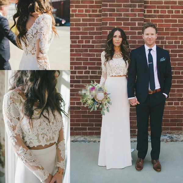 Sexy Two Piece New Summer Beach Bohemian Full Lace Sheath Wedding Dresses Scoop Neck Long Sleeves Bridal Gowns Wedding Party Custom