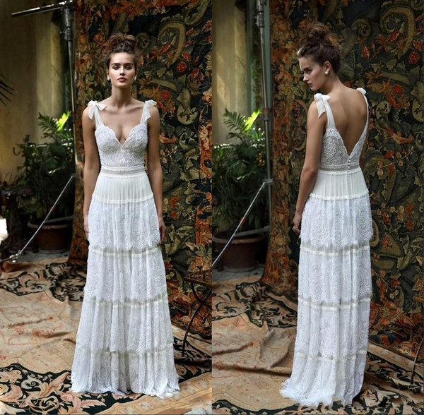 Ivory Boho Lace Wedding Dresses Straps Deep V Neck Sheath Beach Wedding Gowns Sexy Backless Full Lace Bridal Gowns Floor Length BA9355