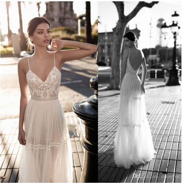 Spaghetti Strap Wedding Dress Lace V Neck Bohemian Bridal Gowns A Line Backless Sexy Summer Beach Wedding Dresses