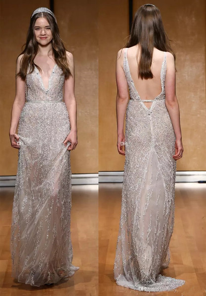 2018 Luxury Sheath Sexy V-Neck Full Beading Wedding Dress Sleeveless Floor Length Bridal Dress Gown Open Backless