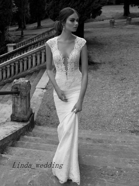 Elegant Beautiful White Ivory Sexy Sheath Column V-neck Applique Chapel Train Satin Wedding Dresses Bridal Gowns