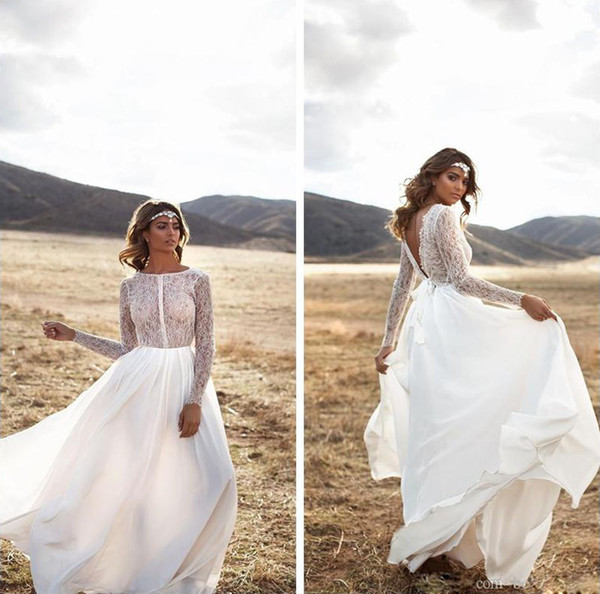 Lace Bohemian Long Sleeves Wedding Dresses V-Shape Back Chiffon Boho Bridal Gowns Sweep Train 2017 Modest Wedding Wear Formal