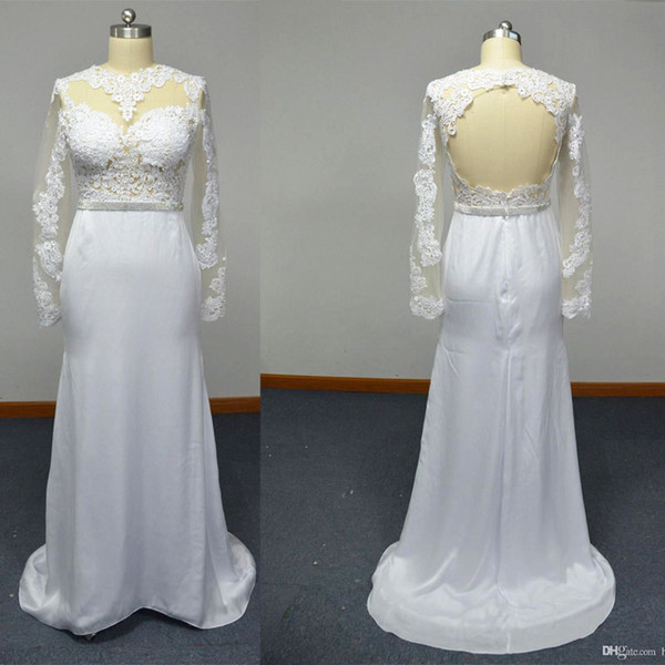 Sheath Wedding Dresses Sheer Long Sleeves Guipure Lace Satin Faced Chiffon Floor Length Real Images Bridal Gowns