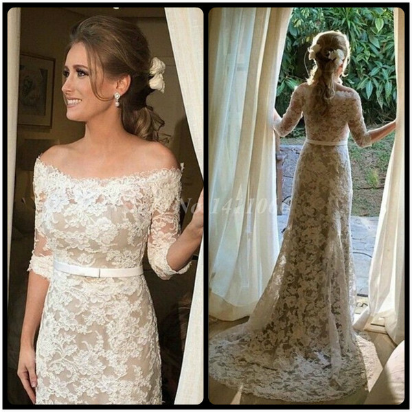 Graceful Vintage 2017 Half Sleeve Sheath Lace Sexy Off Shoulder Wedding Dresses vestidos de noiva Bridal Gowns Wedding Gowns for Bride