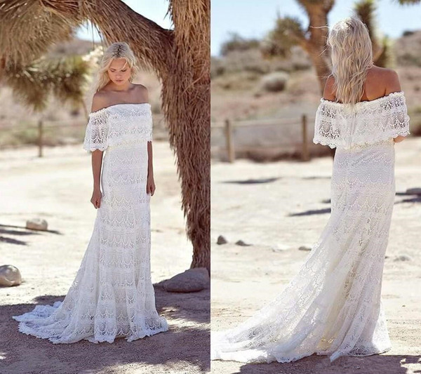 Unique Lace Boho Wedding Dresses Bateau Neck Short Sleeves Bridal Wedding Gowns Zipper Back Sheath Dress