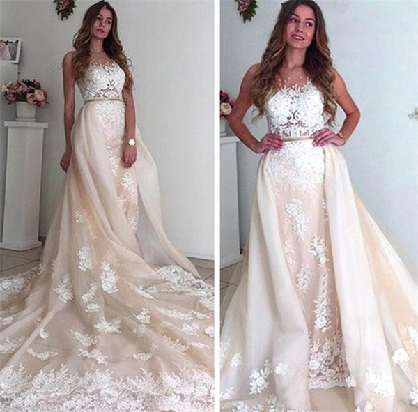 Sheer Lace Appliques Sheath Wedding Dresses Customized Long Bridal Gowns Beaded Detachable Train Long Plus Size Bridal Gown