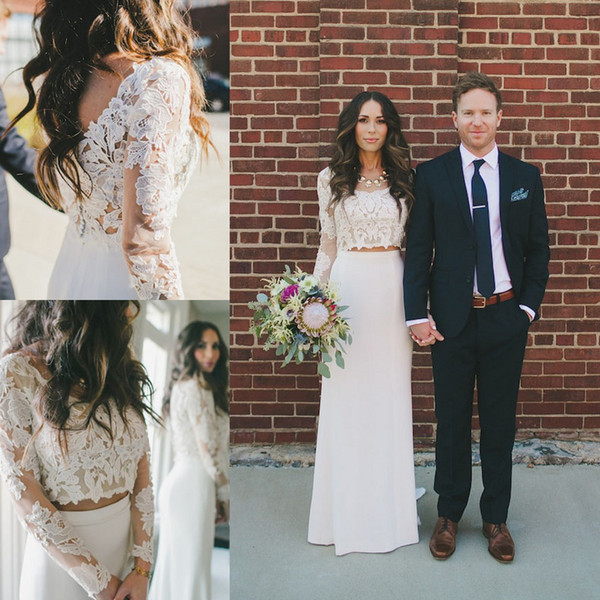 Real Customer Photo Sheath Column Wedding Dresses 2016 Spring Summer Two Pieces Bohemian Lace Long Sleeve Crop Top Country Bridal Gowns
